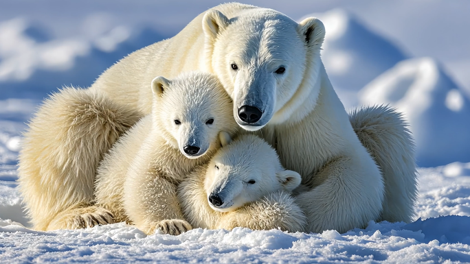 北极夜晚极光下的北极熊母子游泳捕鱼潜水