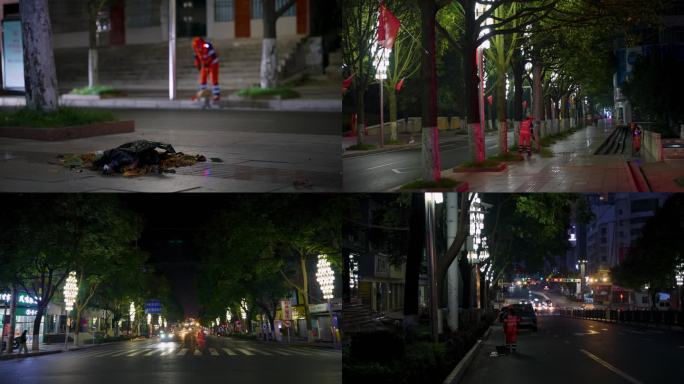 清晨环卫工人清晨扫地