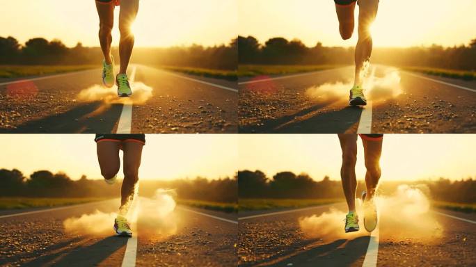 朝阳下的脚步跑步升格慢镜头