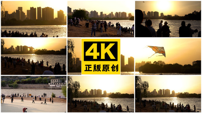 4K兰州夕阳下黄河边渡口沙滩人群