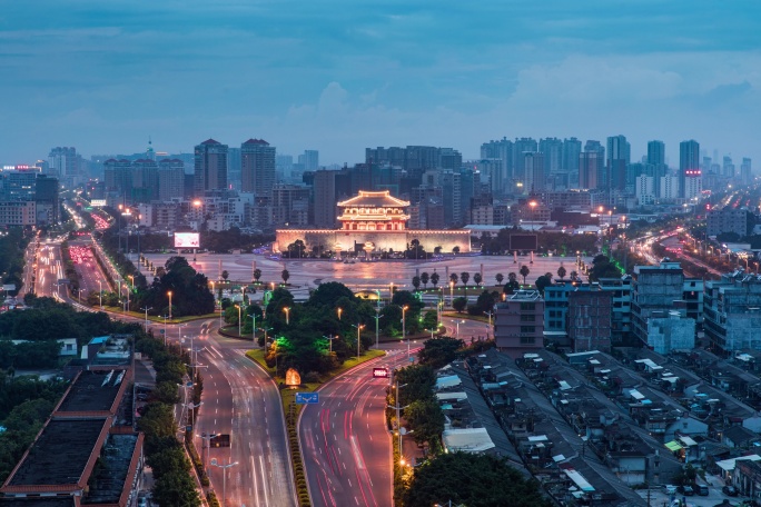 潮汕揭阳楼揭阳广场日转夜景交通车流延时