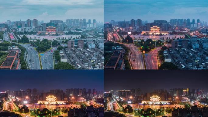 潮汕揭阳楼揭阳广场日转夜景交通车流延时
