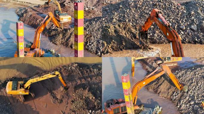 运河建设 航道疏浚挖泥船只施工 水上挖机