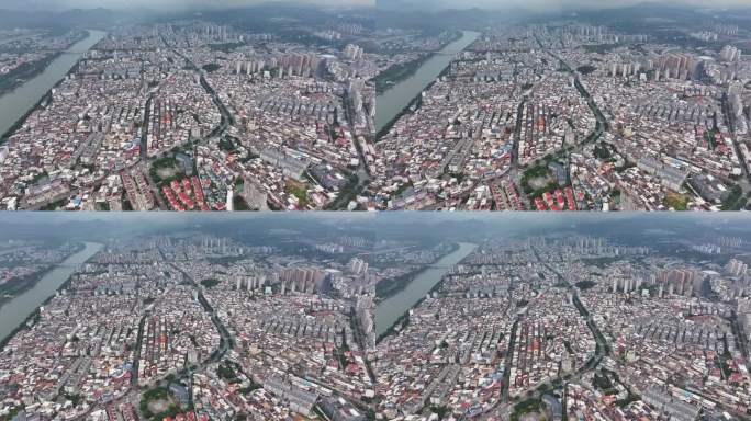 航拍福建龙岩汀江环绕的上杭县县城风光