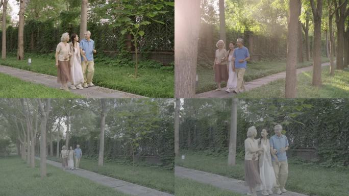 女儿陪伴父母散步 开心的笑容