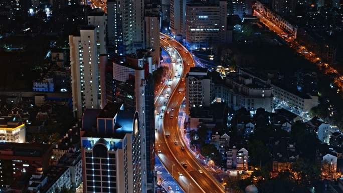 航拍上海夜景高架