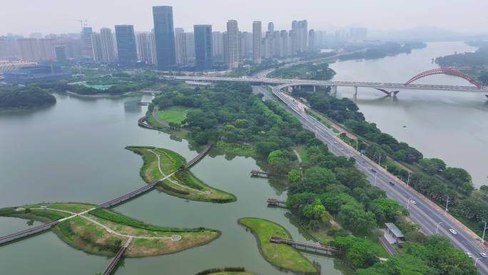 航拍福建漳州九龙江畔生态湿地风光