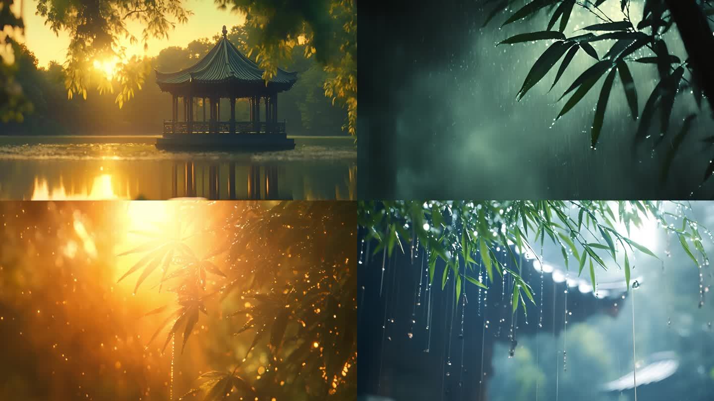 竹叶唯美雨中竹叶中式春分山林雨水竹叶合集