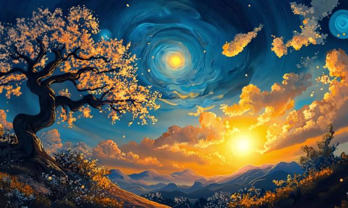 黄昏天空 油画动态唯美 神秘