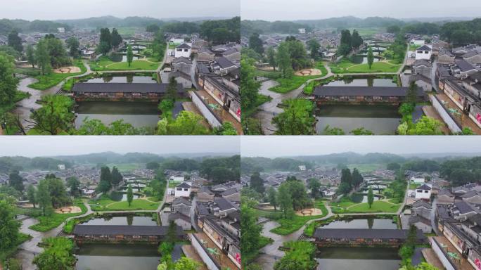 航拍江西吉安钓源古村廊桥田园风光