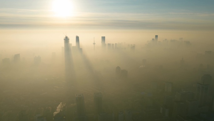 光影晨雾缭绕航拍城市建筑风光风景沈阳延时