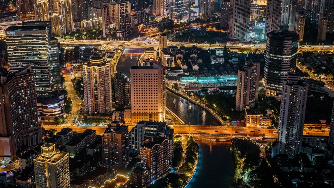 航拍上海苏州河上海站静安夜景8K