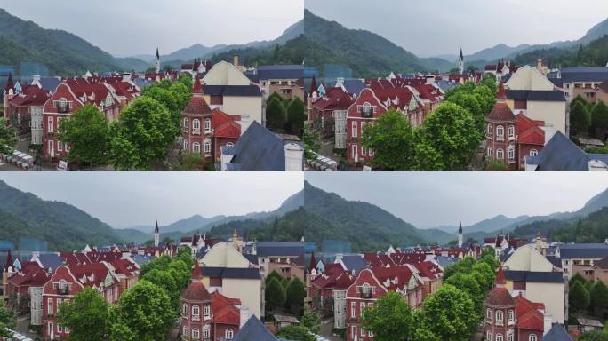 航拍四川成都彭州白鹿镇中法风情小镇风光