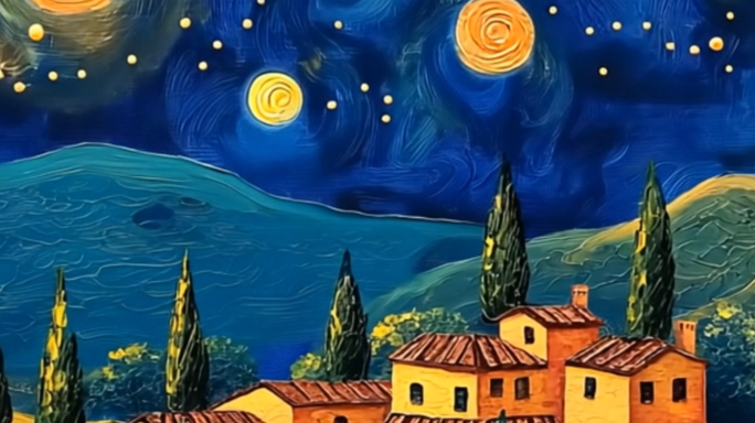 油画 梵高星空小村庄卡通背景
