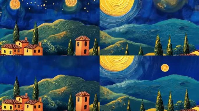 油画 梵高星空小村庄卡通背景