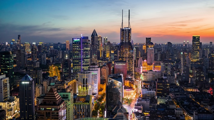 航拍上海南京路黄埔楼群夜景8K