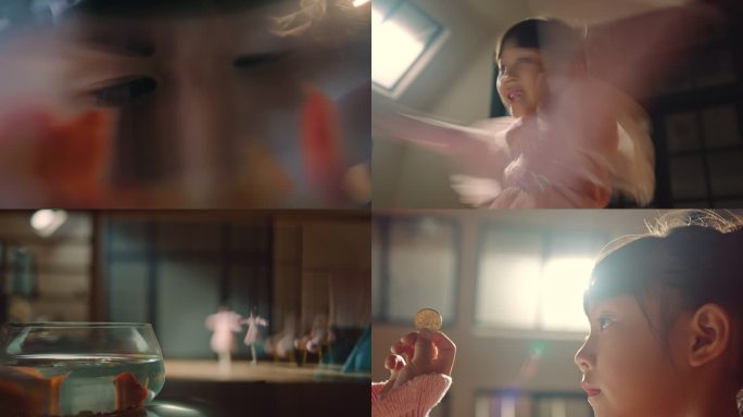 可爱纯真小女孩观察红金鱼跳舞憧憬美好未来