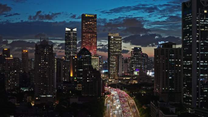 航拍上海静安楼群夜景