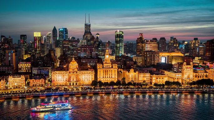 航拍上海外滩万国建筑黄浦江夜景8K