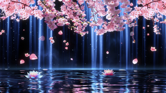 8k水面全息唯美桃花瀑布LED大屏背景