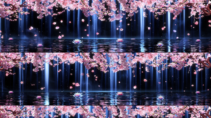 8k水面全息唯美桃花瀑布LED大屏背景