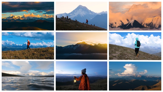 美女高原户外山顶徒步登山旅游旅行探索风景