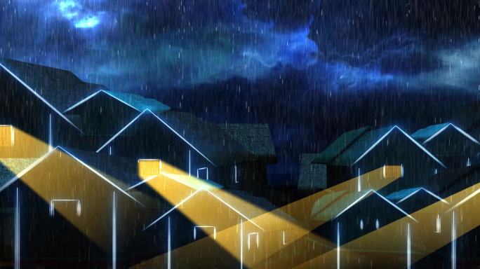 雨夜村庄 灯火 雨夜烛光 窗户 乌云密布