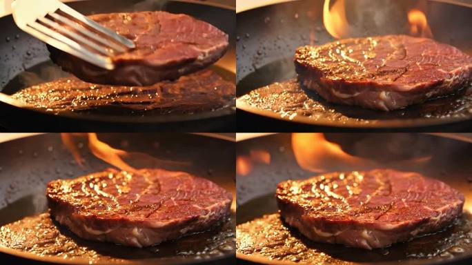 在平底锅里煎牛排