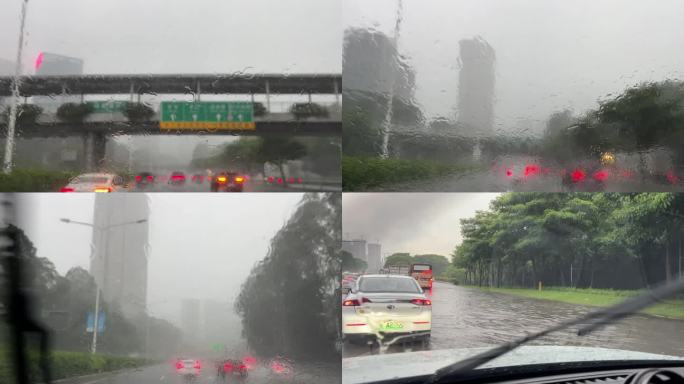 城市中暴雨驾车，雨水天路面深积水4K