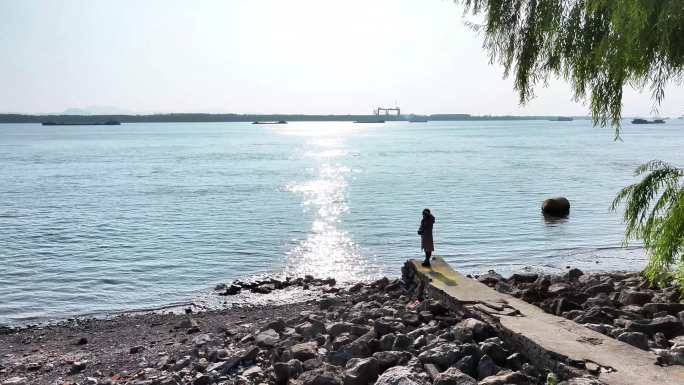 江边海边沙滩女生游玩拍照芦苇荡石头合集