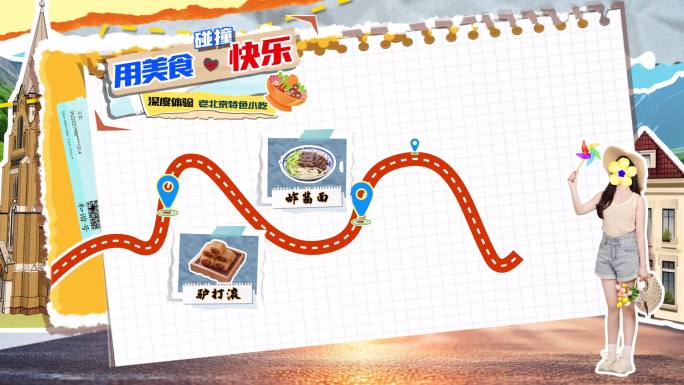 城市拼贴风旅行美食景点路线地图
