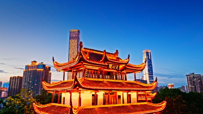 4k长沙天心阁夜景空镜头航拍