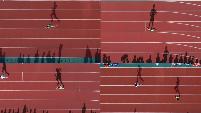 航拍运动员跑步起步冲刺影子升格画面