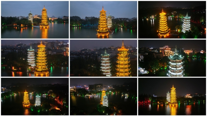 桂林日月双塔夜景航拍合集