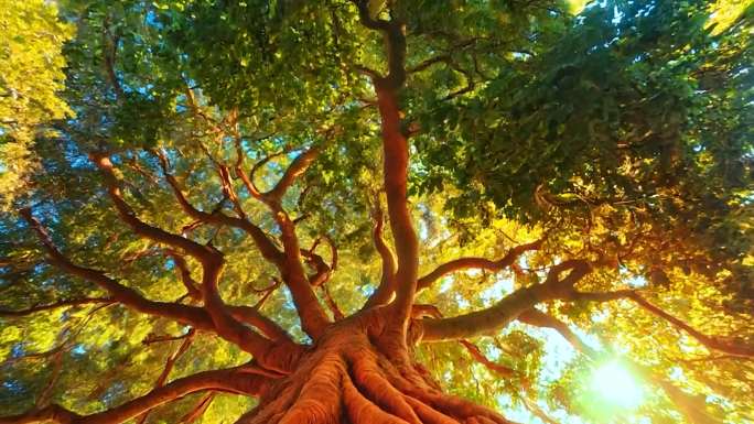 仰视一颗参天大树 树叶间阳光投射 空镜