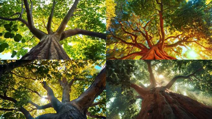 仰视一颗参天大树 树叶间阳光投射 空镜