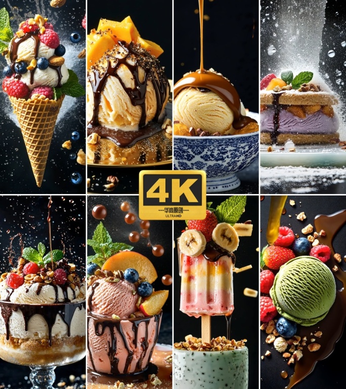 4k竖屏美味甜品冰淇淋冷饮