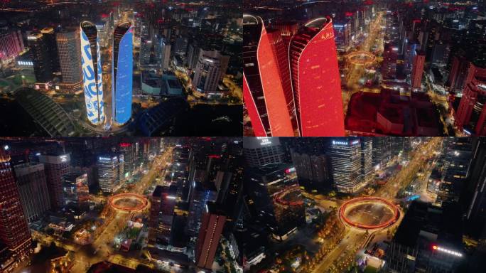 成都金融城双子塔航拍夜景4k