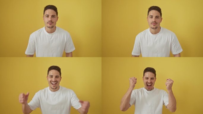 穿着白色t恤的西班牙裔小伙子站在那里，兴奋地尖叫着。胜利者举起双臂庆祝胜利。孤立在充满活力的黄色背景