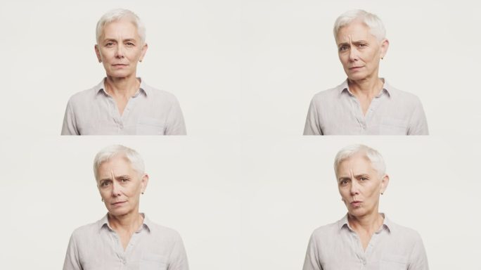 老年女士在白色上没有手势地摇头