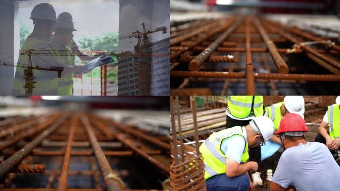 工地实拍建筑工人工程验收 戴安全帽监理