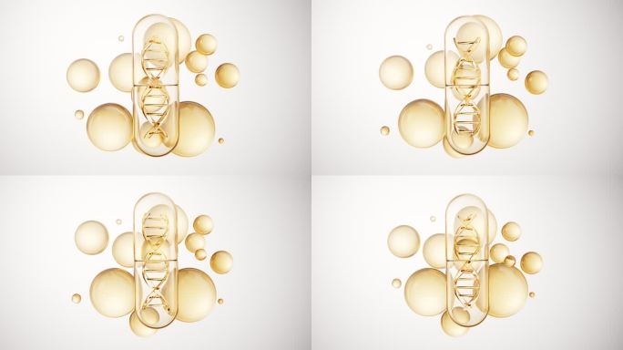 金色医药胶囊与气泡背景三维渲染