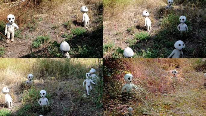 荒凉的草丛里的人形雕塑 各有特点