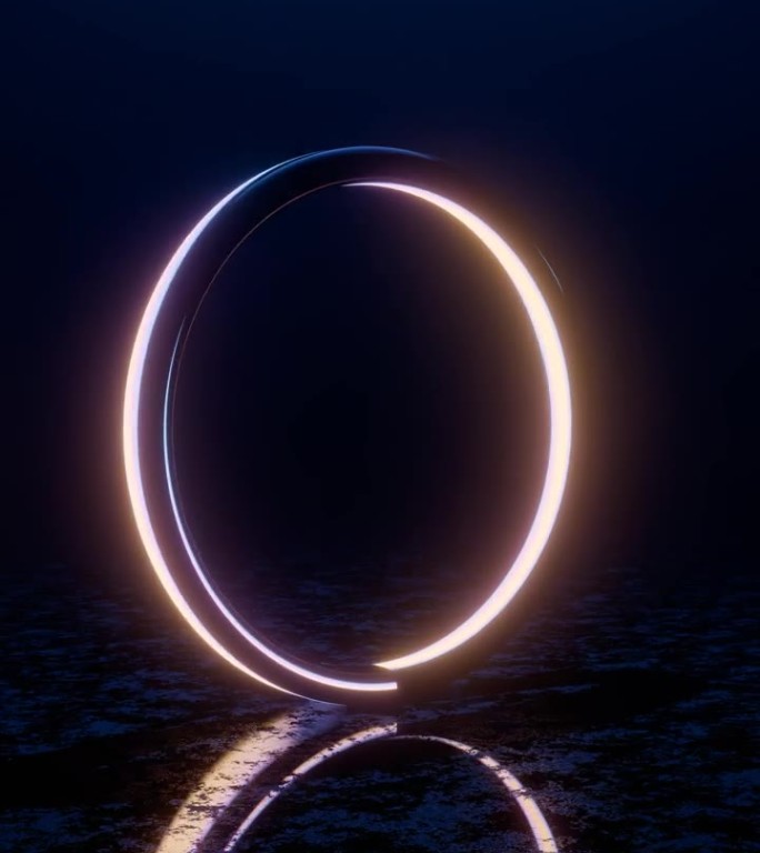 发光的霓虹灯环与反射在黑暗的表面