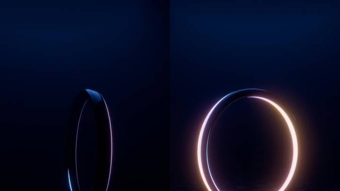 发光的霓虹灯环与反射在黑暗的表面