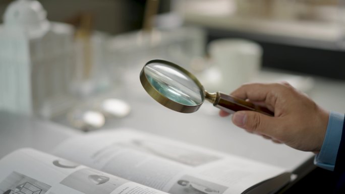 学者用放大镜看书阅览学习看书认真