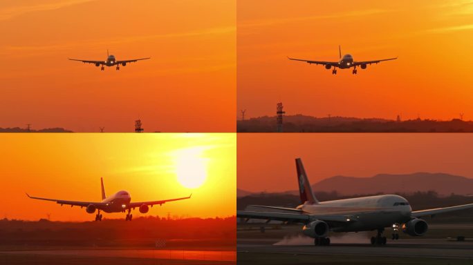 4K飞机在夕阳下降落长焦特写