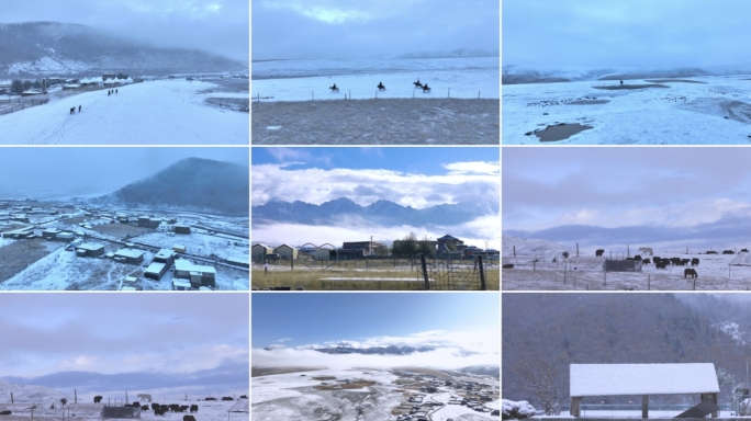 冬天下雪中航拍塔公初雪骑马雪景