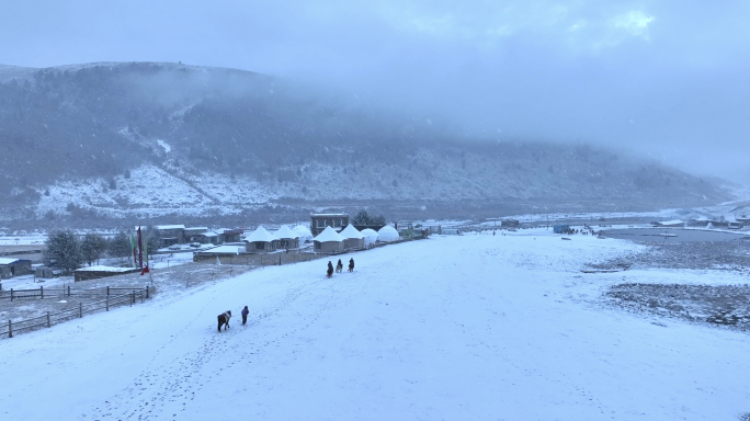 冬天下雪中航拍塔公初雪骑马雪景