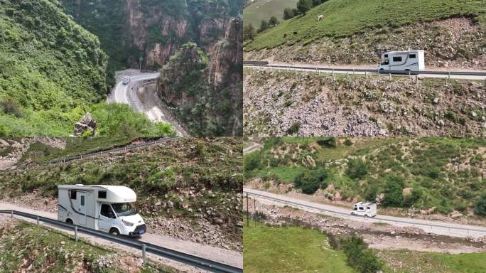 驾驶房车行驶在山路上4K航拍